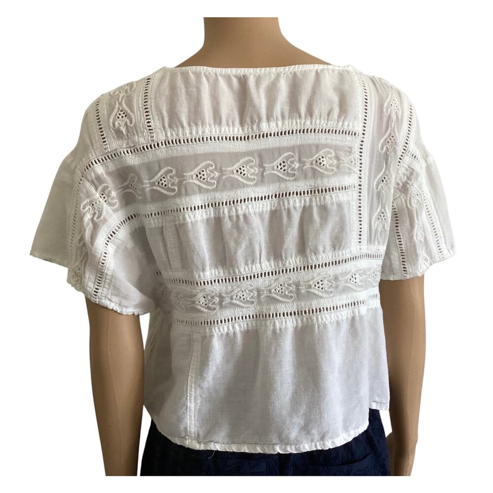 Free People White Cropped Blouse Eyelet Lace Embroidery Shabby Chic Boho XS - Picture 2 of 6